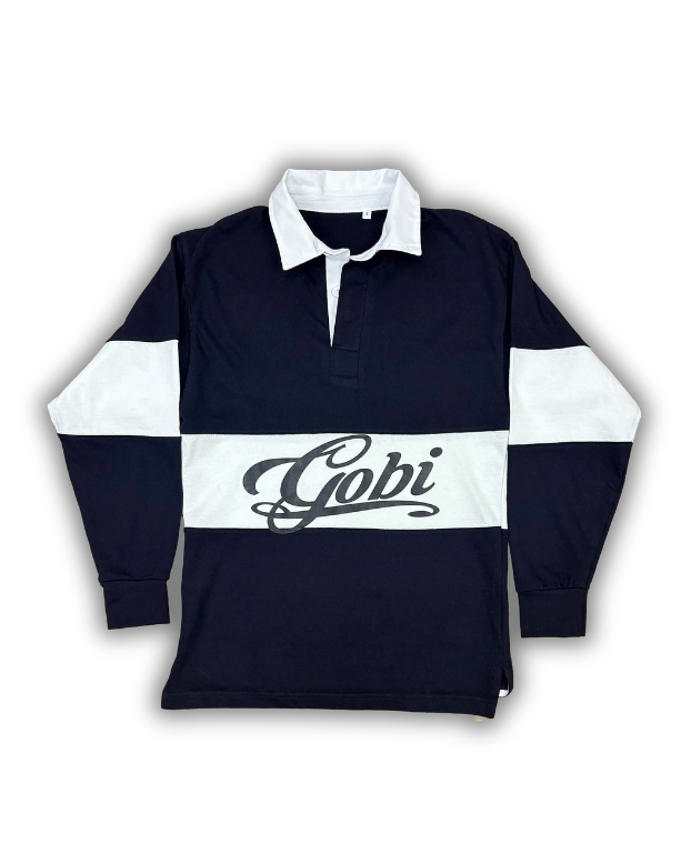 Black and white rugby jersey with 'Gobi' branding on a white background