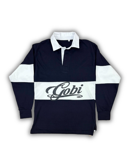 Black and white rugby jersey with 'Gobi' branding on a white background